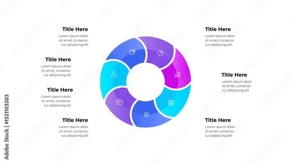 Leinwandbilder Circular 7 step infographic design with vibrant colors and modern icons, ideal for business presentations, strategy planning, and data visualization. Includes labeled segments with place for text