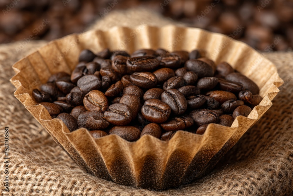 Poster coffee beans in a brown paper cup on burlap fabric in a cozy setting with rich textures and warm col