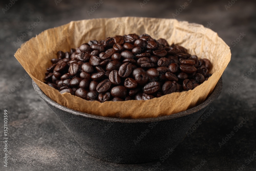 Poster Coffee beans resting in a bowl lined with paper on a textured dark surface showcasing their rich color and texture