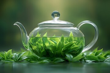 Refreshing Green Tea Concept with Glass Teapot for Relaxation and Wellness