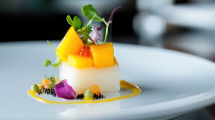 Close-up of mango-topped sushi with delicate garnishes on a minimalist white plate