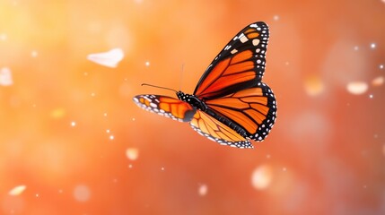 Close-up of monarch butterfly in motion, vibrant wings flapping in dreamy orange haze