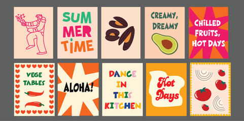 Summer bright banner design featuring sliced tomato, green broccoli, juicy pineapple, avocado halves, and fresh pomegranate. Perfect for promoting summer menus, food events, or healthy eating.