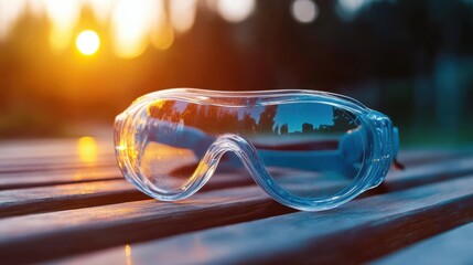 Close-up of safety goggles on industrial bench bathed in evening sun glow