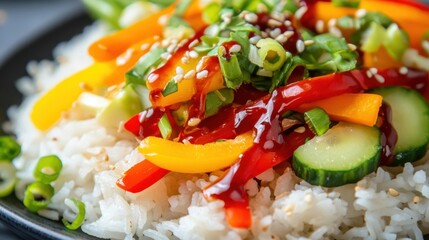 Close-up of seasoned rice topped with colorful stir-fried veggies and spicy drizzle