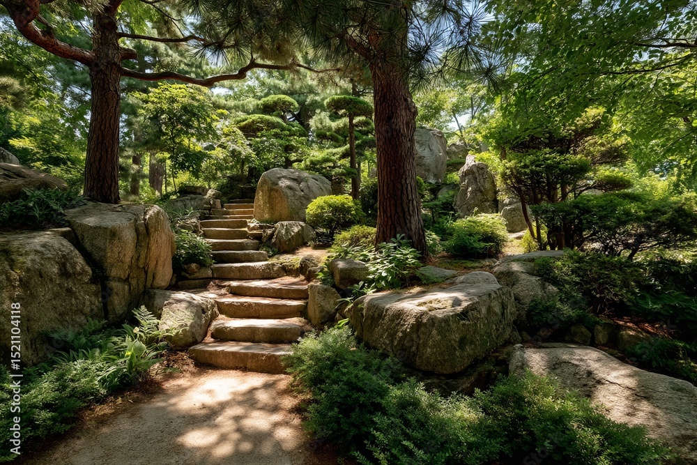 Aufkleber serene garden pathway lined with lush greenery and stone steps in a peaceful landscape during daylig
