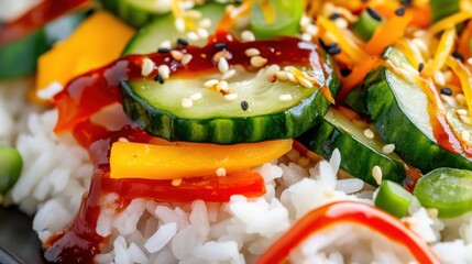 Close-up of seasoned rice topped with colorful stir-fried veggies and spicy drizzle