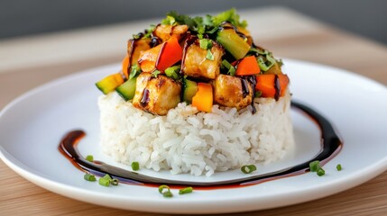 Close-up of seasoned rice topped with colorful stir-fried veggies and spicy drizzle