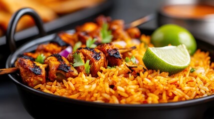 Close-up of spicy rice with grilled veggies, lime wedge on the side, warm lighting