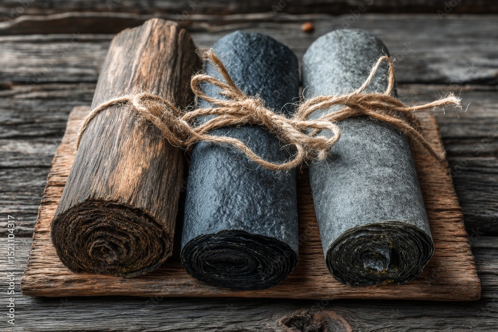 Aufkleber Different types of natural wood and paper rolls arranged on a wooden tray in a rustic setting