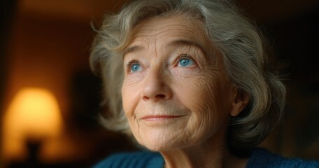 Senior woman looks upward with thoughtful expression. Older female, aging gracefully, serenity, hope, contemplation, wistful mood