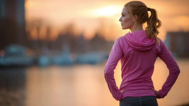 Woman in a pink sports jacket stands by the water at sunset after jogging.