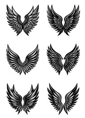 Simple Black Feather Wings Icons. Collection of Bird and Angel Wing Silhouettes on White Background. Stylish Vector Logo Elements for Branding, Emblems, and Modern Tattoo Design

