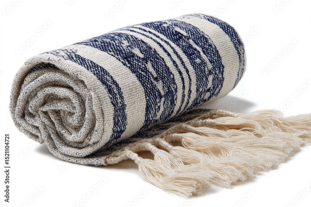 Poster textured woven blanket with fringes resting on a surface in soft natural light