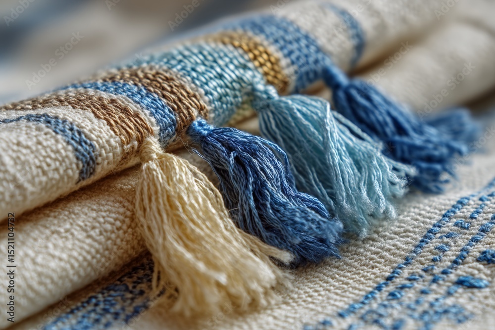 Poster textiles featuring intricate designs and colorful tassels in a cozy setting