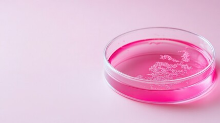 Close-up view of pink-colored sample in petri dish, flat-lay on pale surface