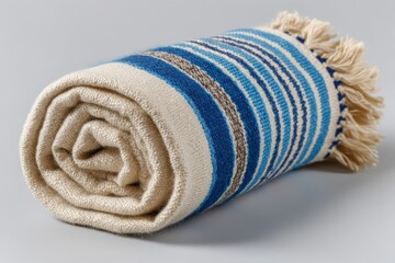 Soft woven blanket with blue and beige stripes used for cozy indoor lounging