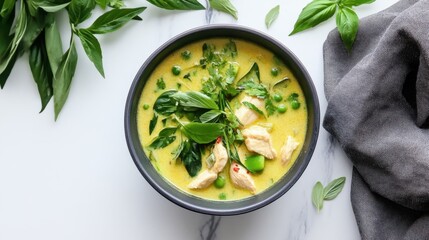 Coconut milk curry bubbling with chicken, herbs, and spice blend
