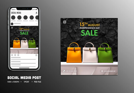 Social Media Sale Post for 15th August Independence Day with Tricolor Hand Bags on Table, Editable Design.