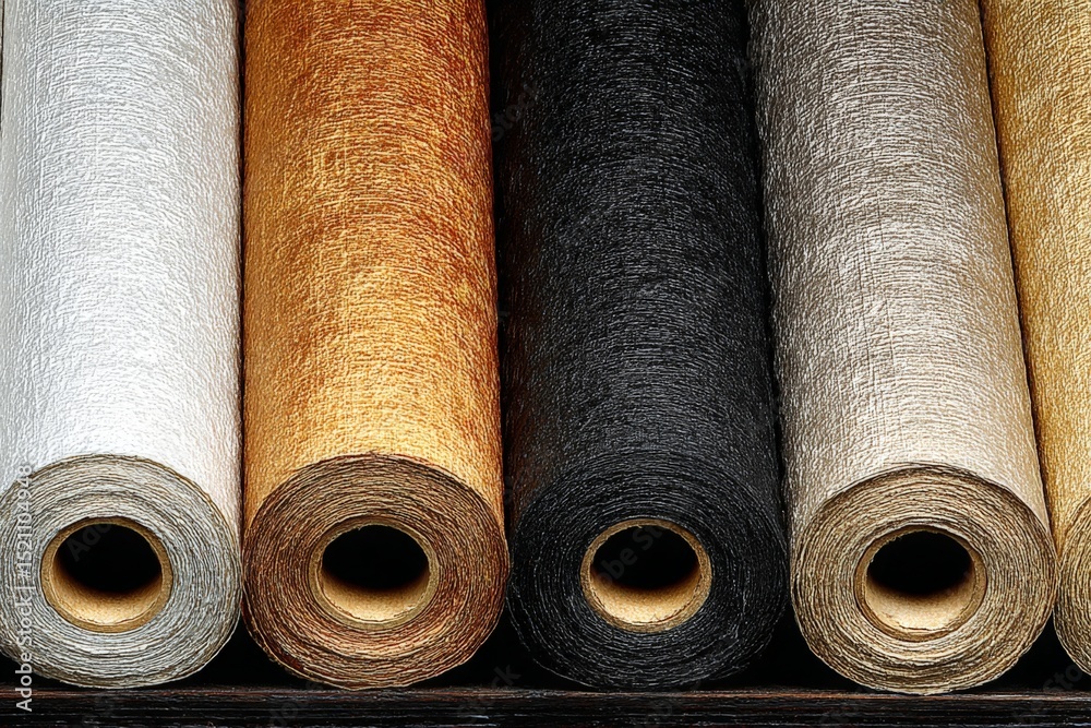 Poster crafting with diverse rolls of textured paper in a workstation showcasing vibrant colors and natural