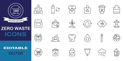 Set of 24 zero waste icons. Collection of eco, including recycling, pollution, landfill, waste management, composting, trash and more outline symbol. Editable vector illustration.