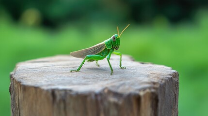 Color-splashed grasshopper caught in still moment atop aged wooden slab