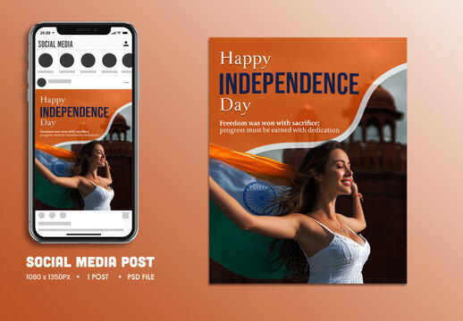 15th August Happy Independence Day Social Media Post with Woman Holding Indian Flag in Front of Red Fort, Editable Design.