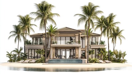 A luxurious, two-story beachfront mansion on a private island, surrounded by tall palm trees, features a large pool, expansive windows, and multiple balconies
