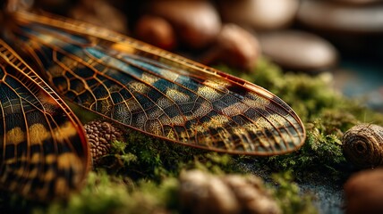 Mayfly wing and tortoise shell on moss, fleeting and enduring life contrasted