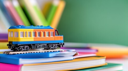 Colorful plastic train rests atop colorful books with soft green backdrop, playful education theme