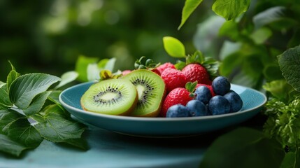 Colorful plate filled with fresh berries and kiwi slices, surrounded by green leaves