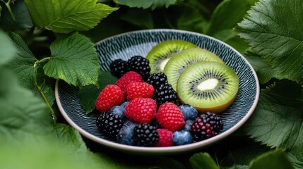 Colorful plate filled with fresh berries and kiwi slices, surrounded by green leaves