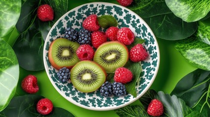 Colorful plate filled with fresh berries and kiwi slices, surrounded by green leaves