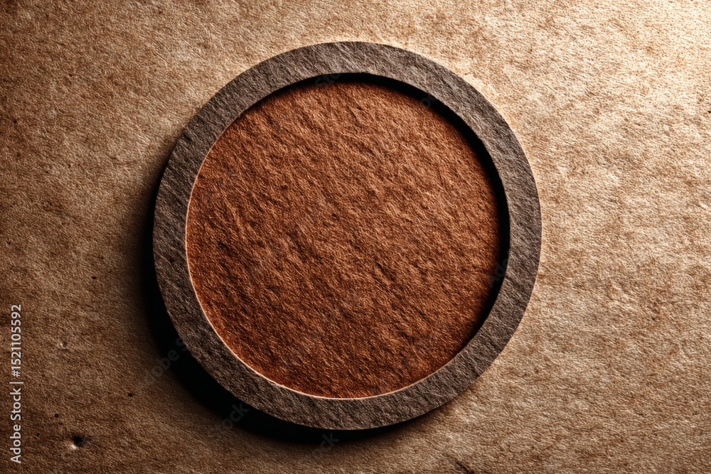 Poster crafting a textured circular coaster with layered materials on a brown background during a creative 