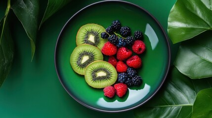 Colorful plate filled with fresh berries and kiwi slices, surrounded by green leaves