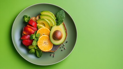 Colorful plate of avocado toast variations using fruits, herbs, and spices