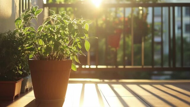 Potted plant basking in sunlight on balcony during morning hours  