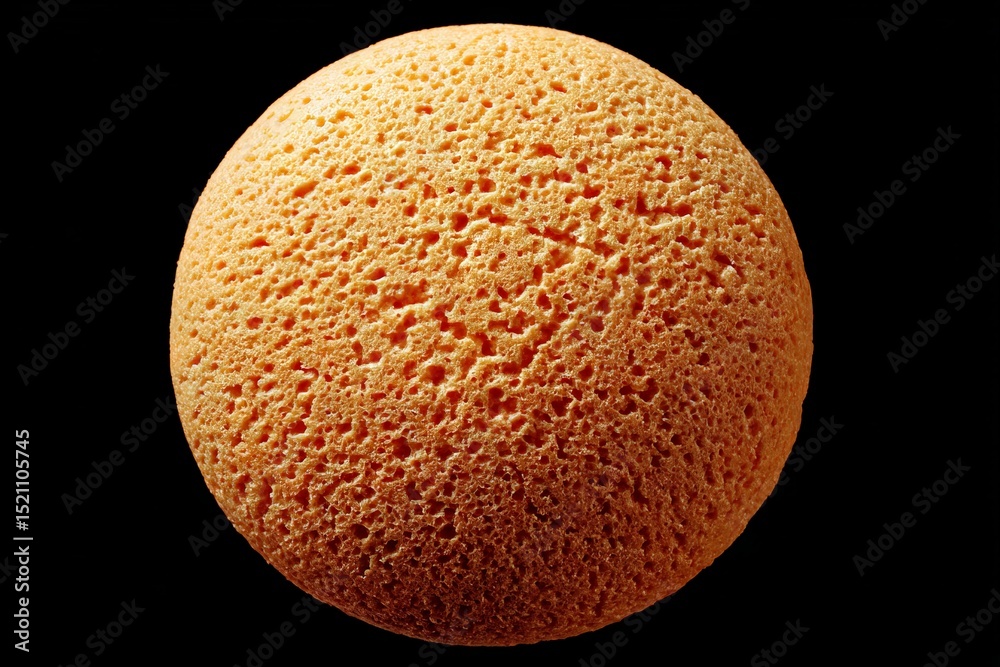 Poster unique round sponge with porous texture against a black backdrop highlighting its natural color and 