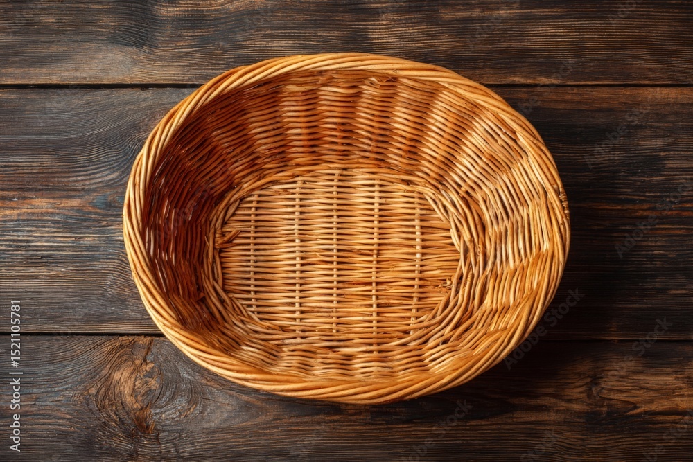 Poster handmade wicker basket placed on rustic wooden surface showcasing intricate weaving patterns and cra