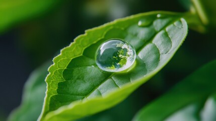 Conceptual image of a transparent droplet forming Earth on a bright green leaf, calling for ecological action