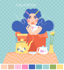 “Flat Hand-Drawn Illustration – Self-Care Tea Time Moment | Pastel colors