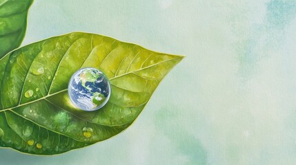 Conceptual image of a transparent droplet forming Earth on a bright green leaf, calling for ecological action