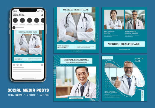 Professional Healthcare Social Media Posts Set with Doctors and Medical Service Promotion, Editable Design.