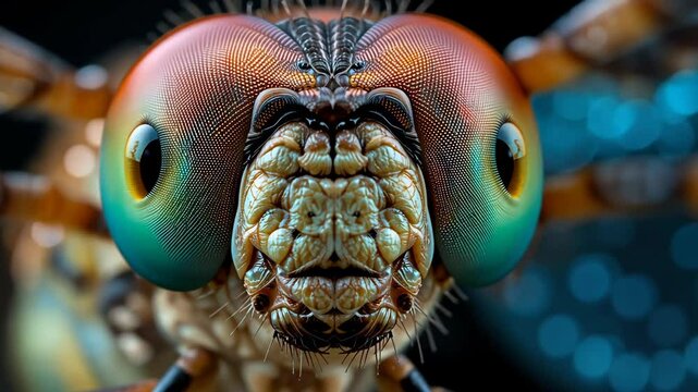 Extreme macro of compound insect eye with detailed texture and iridescent reflections. Concept of alien beauty in natural forms