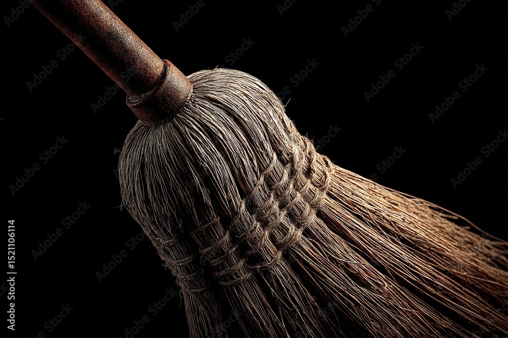 Poster Close-up view of a rustic broom with detailed bristles in a dark setting highlighting its texture and craftsmanship