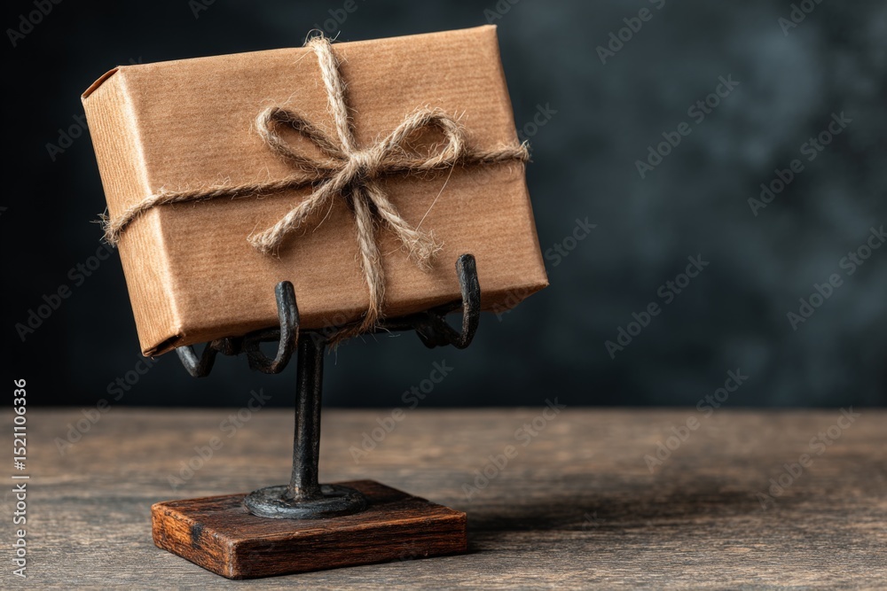 Poster gift-wrapped package on display stand in an indoor setting ready for presentation or delivery