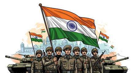 Indian Soldiers with Tanks and National Flag Independence Day Illustration