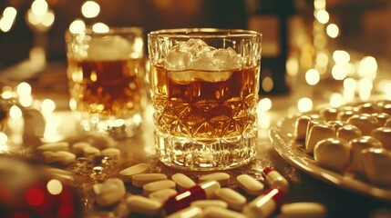 Close-up of whiskey glasses with ice and scattered pills on a festive table with blurred lights