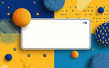 Mobile ad banner: geometric blue-yellow background, editable central text box, touch screen arrow UI customization, flat vector multi-purpose template.