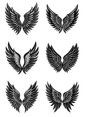 Stylized Wings Icons Set in Black Silhouette Design. Bird and Angel Feathered Wings on White Background. Abstract Flight Symbol Collection. Modern Vector Illustration for Logos and Labels

